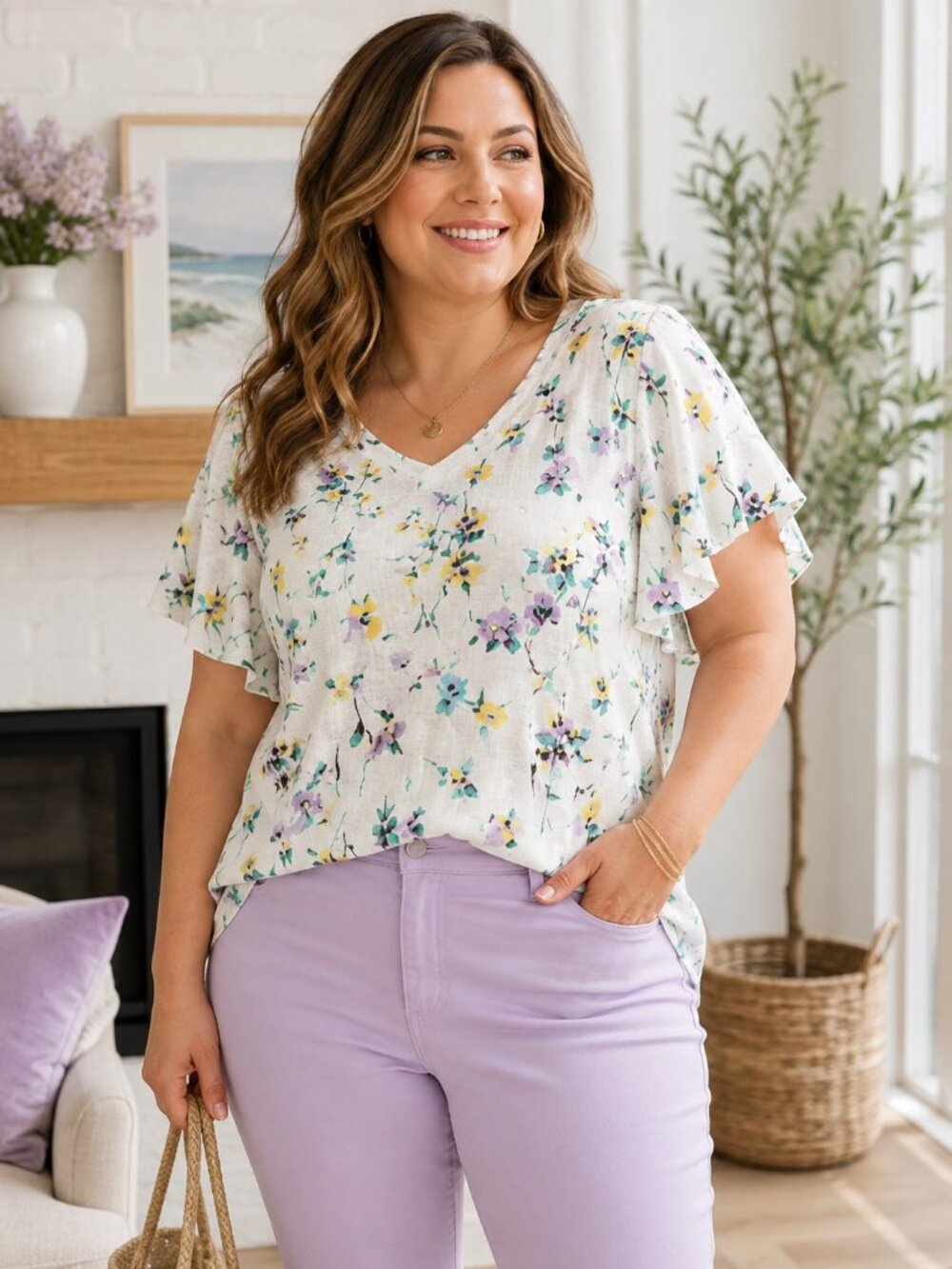 Loft White Multicolor Floral Print Flutter Sleeve Linen Blouse Womens XL NWT